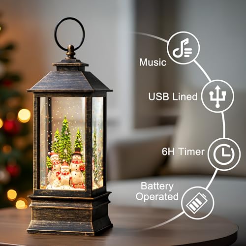 Christmas Snow Globe Water Lantern with Snowman Family Sledding Scene Battery Operated or USB Powered Musical Lighted Holiday Decoration for Tabletop Display for Family and Friends