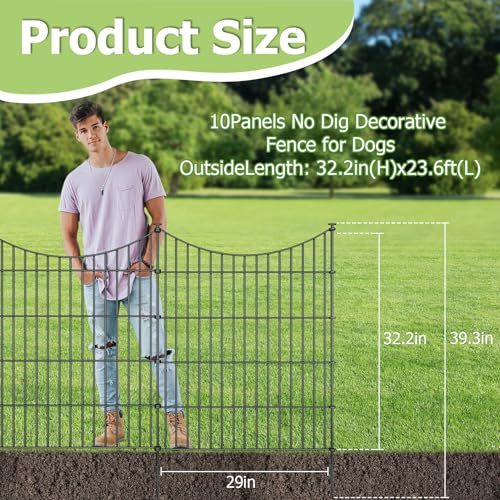 10 Panel No Dig Metal Garden Fence 32"H x 23.6'L Dog Fence Outdoor for Yard (63.24 Sq Ft)