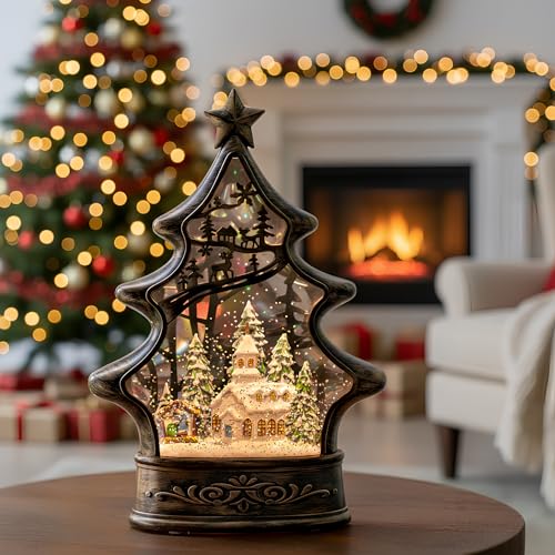 Musical Snow Globe Christmas Tree Lantern Lighted Church with Nativity Manger Scene Water Lantern in Swirling Glitter