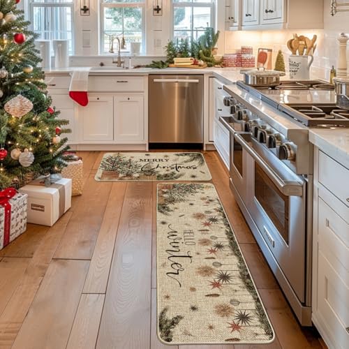 Holly Ornament Merry Christmas Kitchen Mats Set of 2