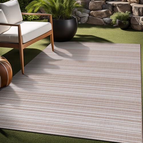 Stripe Outdoor Rug 9x12 Washable Outside Carpet for Indoor Patio Porch Waterproof Easy Cleaning Non Shedding Area Rugs Beige 9 x 12 (108 Sq Ft)