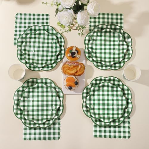 175 Pcs Green Gingham Plates and Napkins Party Supplies