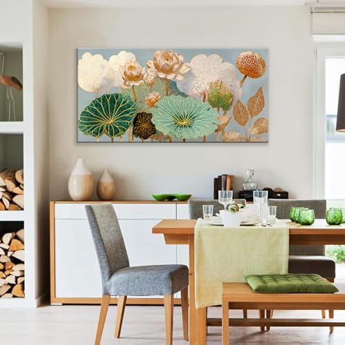 Large Canvas Wall Art Decor Modern Floral Botanical Nature Canvas Prints Gold Lotus Flower Wall Art Decor For Living Room Elegant Canvas Art Wall Decor For Bedroom Home Office Wall Decor 24"×48"