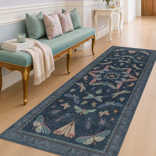 Vintage Dark Blue Insect Moth Runner Rug 3x8 (24 Sq Ft)