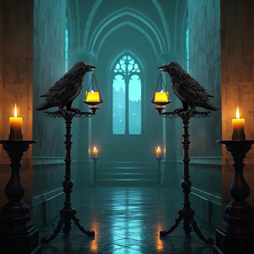 Gothic Crow Lamp with Tealight Candle Holder Resin Raven Decor Statue Gothic Home Decor for Bedroom Unique Goth Gifts Black 2PCS (2 Count)