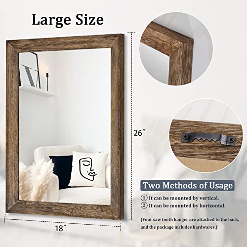 Rustic Wood Mirror Rectangle Decorative Wall Mirrors with Frame Large 26"x18"for Bedroom Living Room Bathroom Entryway Hanging Brown