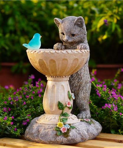 Solar Cat Birdbath Garden Statue