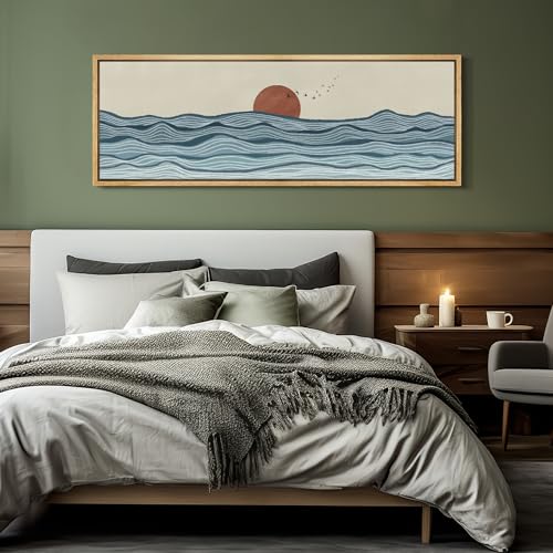 Large Framed Canvas Print Wall Art Calm Seascape Ocean Waves and Setting Sun Illustrations Antique Retro Fine Art Illustrations Decorative Colorful for Bedroom