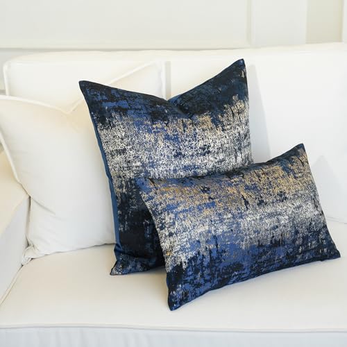 Navy Champagne Metallic Jacquard Lumbar Pillow Cover 12x20 Velvet Back Modern Glam Sofa Decor