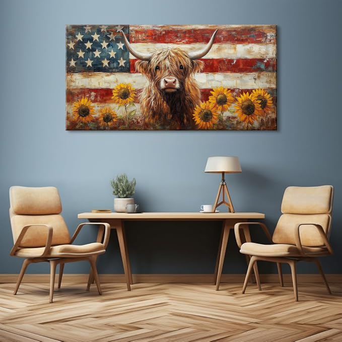 Country Highland Cow Wall Art for Living Room Rustic Retro Vintage American Flag Sunflower Canvas Painting Prints Highland Cattle Artwork Farmhouse Bedroom Office Decor