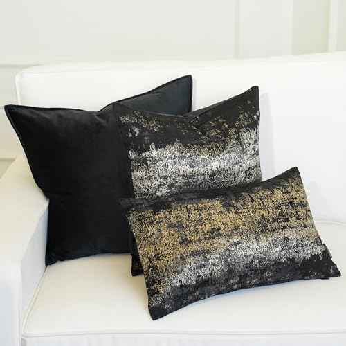 Black Champagne Metallic Jacquard Pillow Covers 20x20 Pack of 2 Velvet Back Modern Glam Sofa Decor (2 Count)