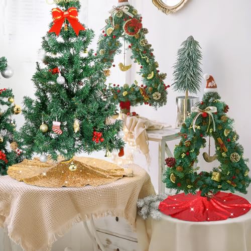 Red Tree Skirt 24 inches Small Christmas Tree Skirt Glitter Sequin Tree Skirt for Christmas Decorations