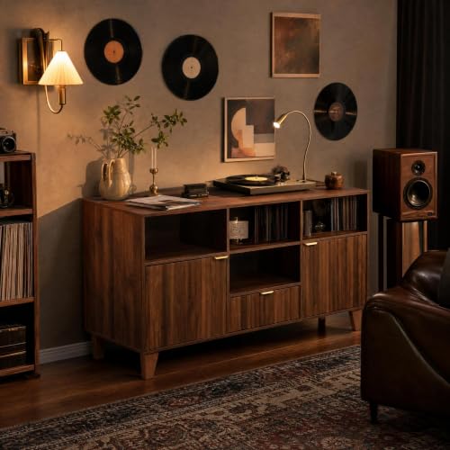 Large Round Record Player Stand with Vinyl Record Storage & Charging Station