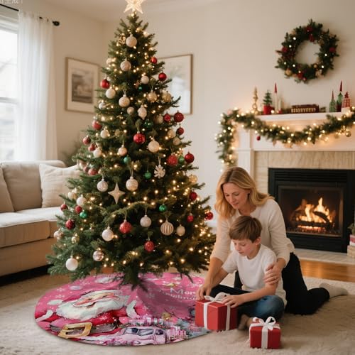 Pink Christmas Tree Skirt Santa Snowflaks Truck Christmas Decorations Xmas House Decor Winter Holiday Party Xmas Tree Skirt 36 inches