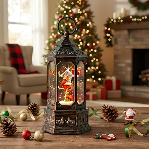 Christmas Snow Globe Lantern Water Glittering 11.6'' Cardinal & Birdhouse with Music & Timer