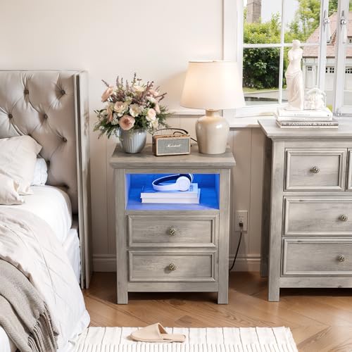 Set of 2 Nightstand with Charger Station Strip Lights
