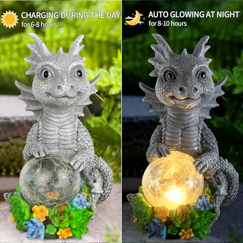 Solar Garden Outdoor Statues Dragon Holding Magic Orb with Solar LED Lights