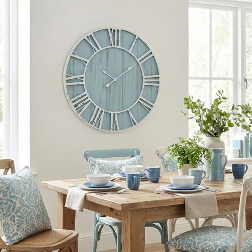 Large Farmhouse Wall Clock 30 Inch Vintage Blue Wooden Wall Clock with Quiet Ticking and Minimalist Roman Numerals for Bedroom Living Room Office Kitchen Home Decor