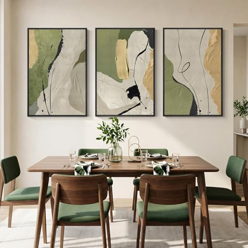 Large Framed Sage Green Abstract Wall Art for Living Room (3 Count)