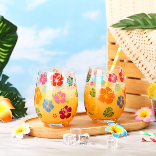 2 Pack 17oz Summer Hawaiian Stemless Wine Glasses Aloha Stemless Wine Glass Luau Colorful Flowers Leaves Tumbler Cups for Hawaiian Tiki Party Supplies Birthday Gift (2 Count)