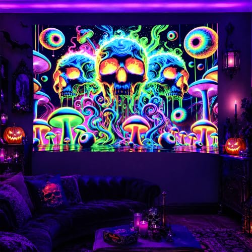 Blacklight Tapestry Skull Surreal Wall Art 78 x 59 Inch