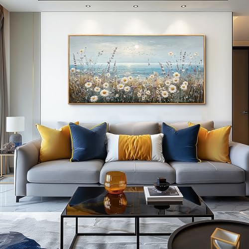 Large Canvas Wall Decor For Living Room Restaurant Wall Art For Bedroom Office Mural Blue Ocean Painting Flowers Watercolour Wall Pictures Printing Artworks Home Decor Wood Framed 24x48In