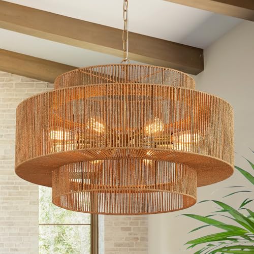 30" Large Gold Rattan Chandelier (8 Count)