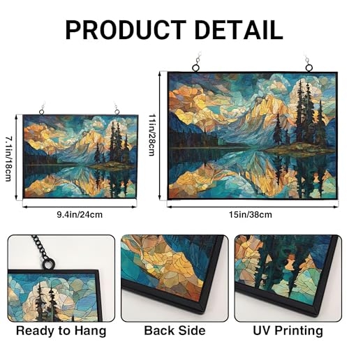 Rectangle Mosaic Mountain Reflection Lake Stained Glass Window Hanging