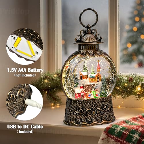 Village Snow Globe Christmas Decorations Indoor Church Snowman Snow Village Scene Gifts Classic Relief Texture Musical Glitter Snowfall USB