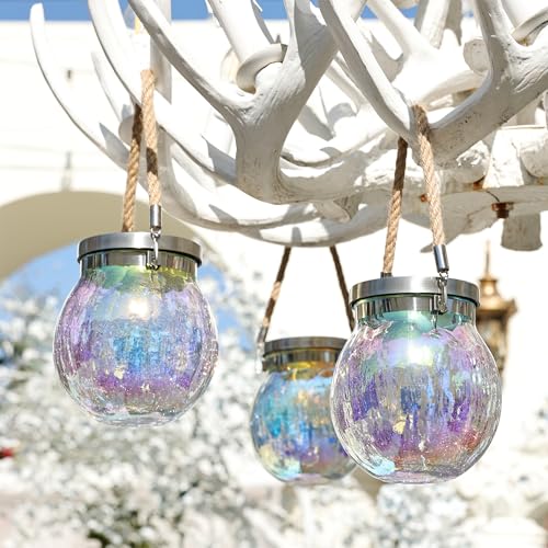 Gift for her him 2 Pack Solar Lanterns Waterproof Outdoor Iridescent Heavy Crackle Glass a Big LED Stainless Steel Lid 215% Solar for Women Mom Grandma Outdoor Table Lamps Garden Backyard Decor (2 Count)