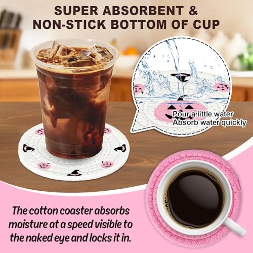 4Pcs Halloween Handmade Braided Cotton Coasters Pink Black Pumpkin Ghost Boo Drink Coasters Absorbent Cup Mat for Home Office Party Decor (4 Count)