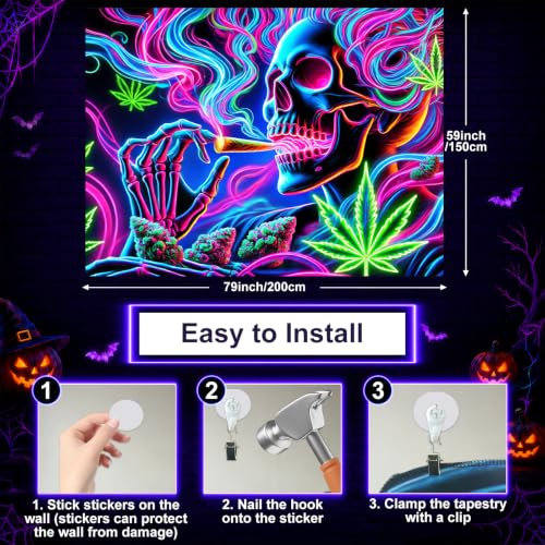 Smoking Skull Blacklight Tapestry 78x59 Inch Goth Wall Decor