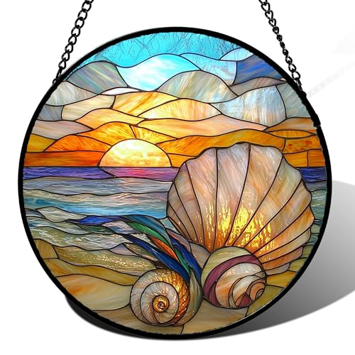Ocean Stained Glass Window Hanging Suncatcher Beach Gifts for Women 6.3"