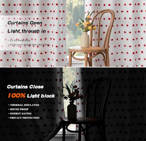 Blackout Curtains for Girls Bedroom 63 Inch Long Red Pom Pom Curtains for Kids Room 2 Panels 100% Room Darkening Window Treatment 2 Layered Drapes Toddler Grommet 50W x 63L