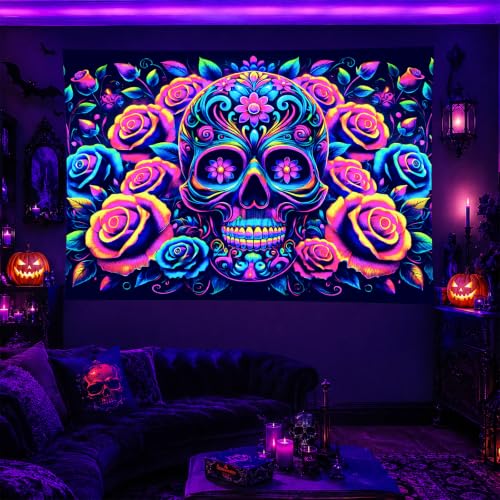 Blacklight Tapestry Floral Skull Bedroom Decor 78 x 59 Inch