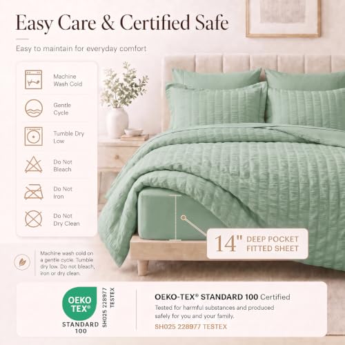 Full Size Comforter Set 7 Pieces Sage Green Seersucker Bed in a Bag