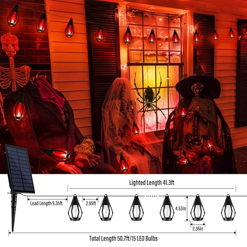 42FT 15 LED Solar Flame Halloween String Lights Outdoor
