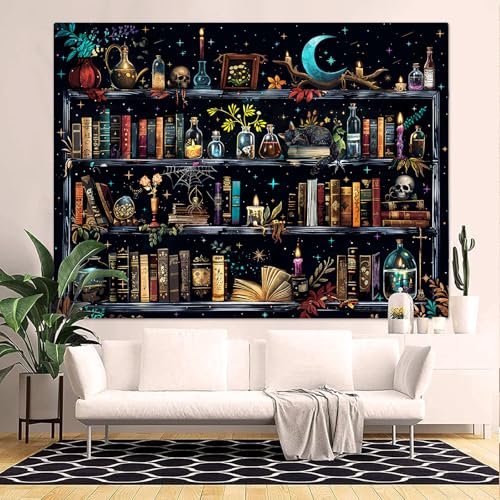 Magic Bookshelf Tapestry Magical Witchy Potion Dark Hippie Haloween Tapestries Wall Hanging Gothic Skull Black Cat Library Book Small Tapestry for Bedroom Living Room Dorm 60 x 44 inch