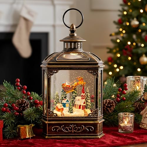 Christmas Snow Globe Swirling Glittering Lantern Santa Flying with Reindeer