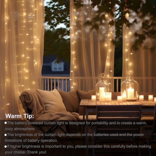9.8ft×9.8ft Curtain Lights Battery Operated with Remote Warm White