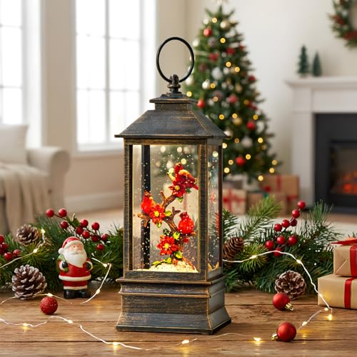 Christmas Snow Globe Lantern Indoor Decor Cardinal with Music