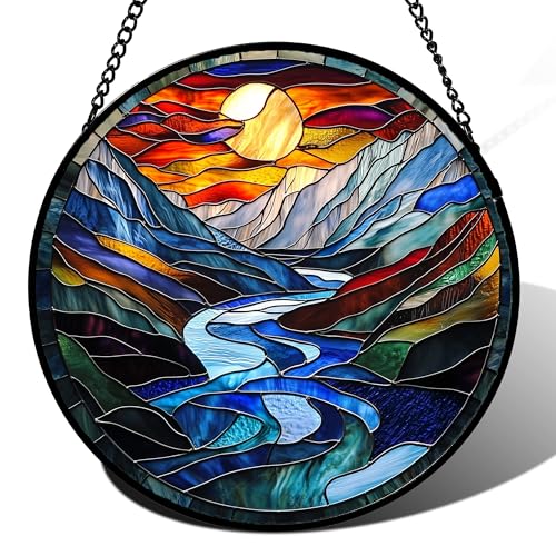 Stained Glass Window Hanging River Scenery Suncatcher Gifts for Women 6.3"