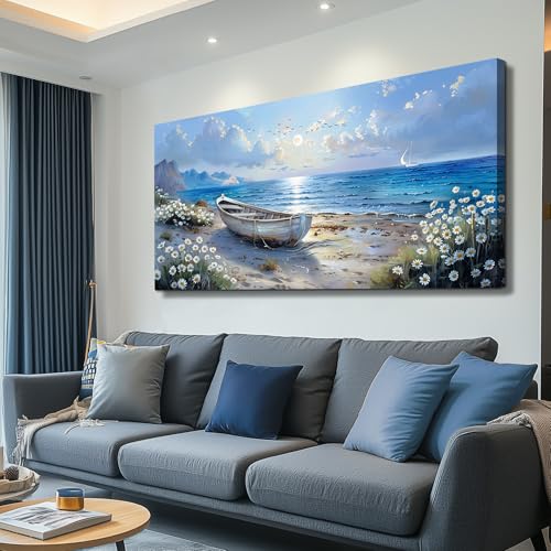 Large Wall Art For Living Room Canvas Wall Decor For Bedroom Office White Flower Seaside Landscape Painting Farmhouse Decorations Wall Pictures Artwork Ready To Hang Home Decor 24"X48"