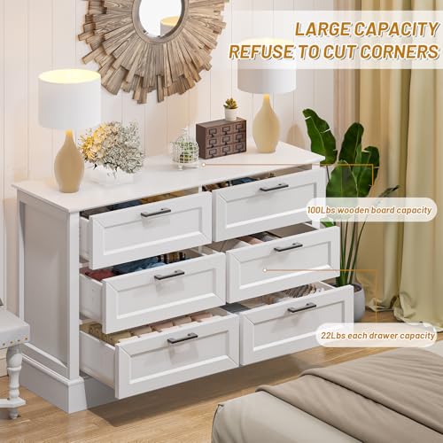 White Dresser for Bedroom with 6 Drawer