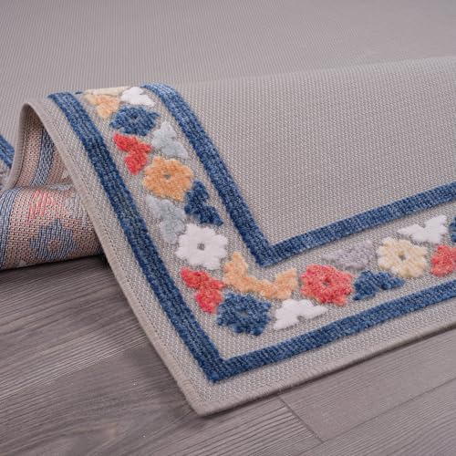 Outdoor Runner Rug 2x7 Modern Floral Bordered Area Rugs for Indoor and Outdoor Patio Easy to Clean Non Shedding Living Room Porch Garden Washable Outside Carpet (14 Sq Ft)