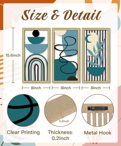 Boho Wall Art Set of 3 Modern Minimalist Wooden Wall Decor Abstract Geometric Room Decorations Mid Century Artwork for Living Room Bedroom Office in Blue Tones 16.5 x 8.6 Inch (3 Count)