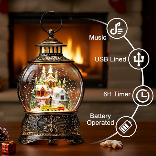 Christmas Snow Globe Water Lantern with Mountain Village and Train Scene Battery Operated or USB Powered Musical Lighted Holiday Decoration for Tabletop Display for Family and Friend