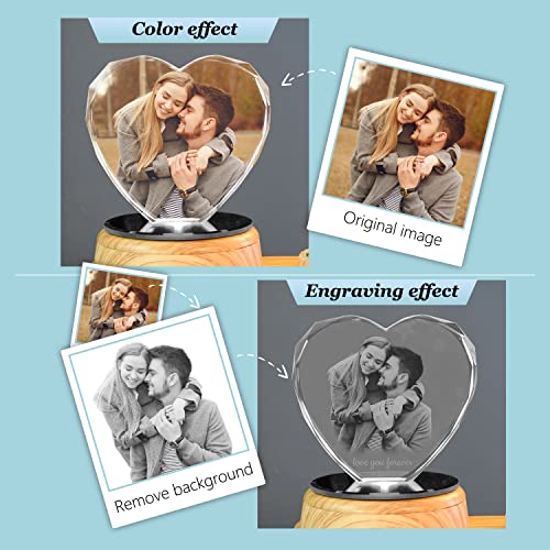 Heart Shaped Photo Customization Night Light Personalized 3D Crystal Lamp 7 Color Light Rose Bluetooth Rotation Crystal Photo Frame Best Gift for Couple Love Women Men Wedding Christmas