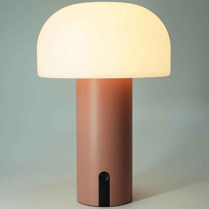 Cordless Mushroom Table Lamp, Waterproof Shower Lamp, Battery Operated Table Lamp Rechargeable, Touch Dimmable Night Light for Bedroom/Patio/Camping/Dinning/Outdoor (Pink)