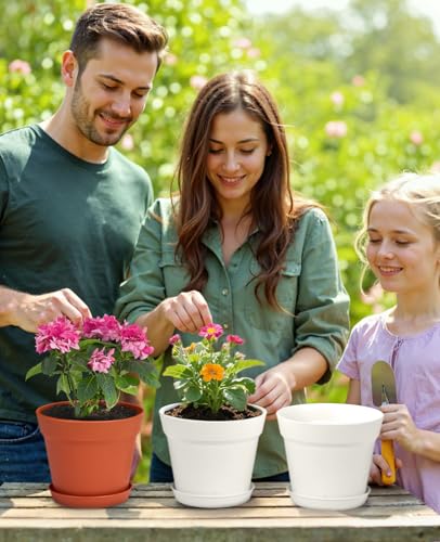 6 Inch Plastic Plant Pots with Drainage Holes and Trays (16 Count)